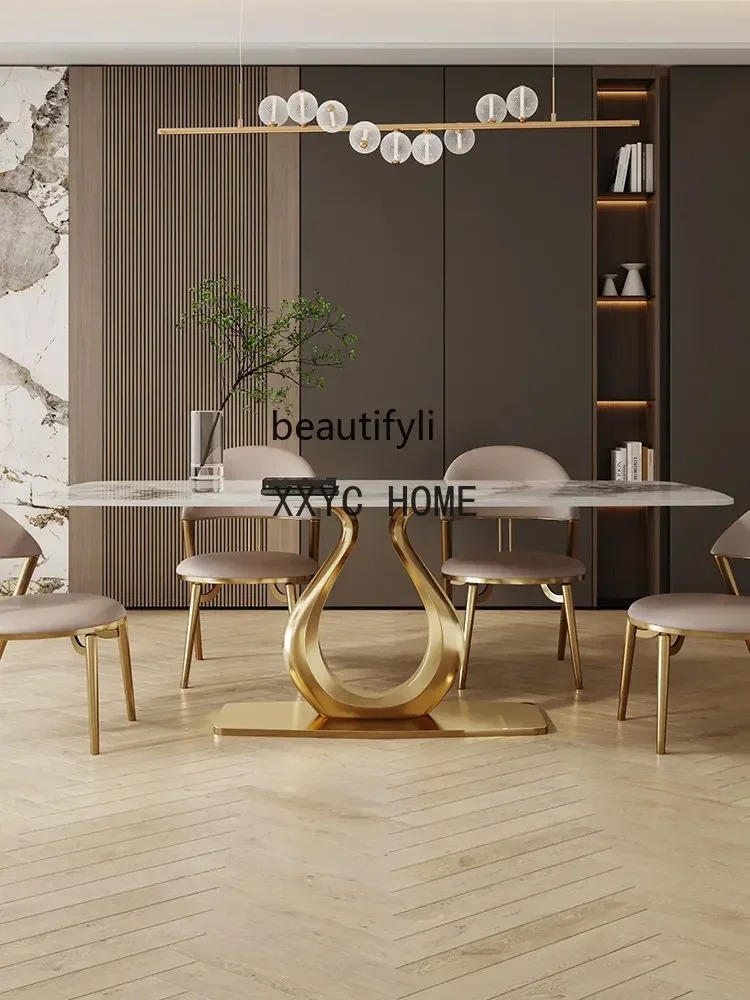 Tavolo da pranzo in lamiera di pietra Tavolo da pranzo rettangolare semplice moderno di lusso leggero Tavolo da pranzo e sedia modello di design per la casa