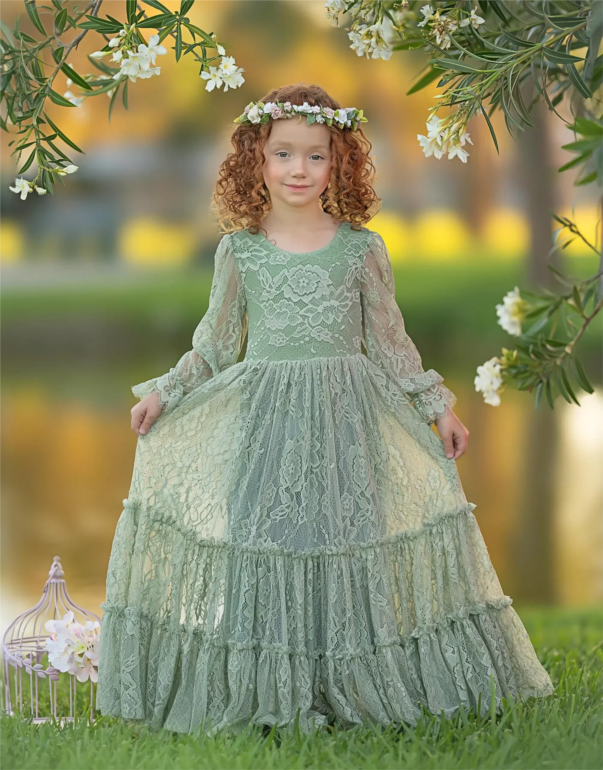 Vestidos de niña de flores verdes personalizados, vestido de desfile para boda, Apliques de encaje, largo hasta el suelo, fiesta de cumpleaños, vestidos de primera comunión