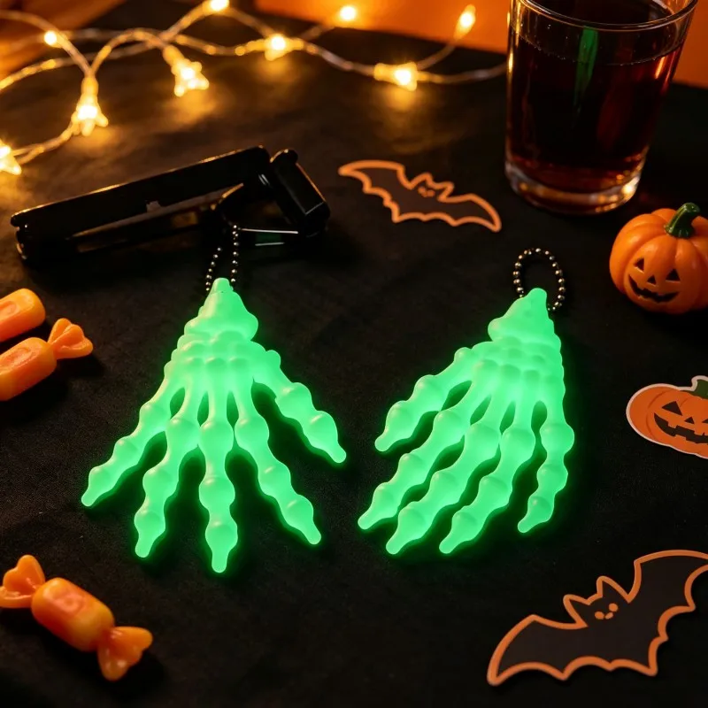 2pc Glow Keychain Hand Skeleton Bone 3D Printed Luminous Pendant for Backpack Car Keys Halloween Gothic Punk Men Gadget NO Chain
