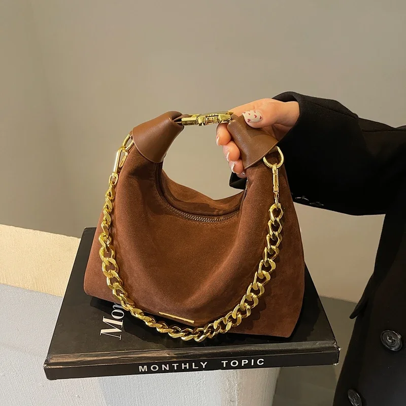 

Autumn Winter Vintage Faux Suede Half Moon Handbag Gold Chain Design Women's Solid Color Crossbody Bag Lady Y2K New Shoulder Bag