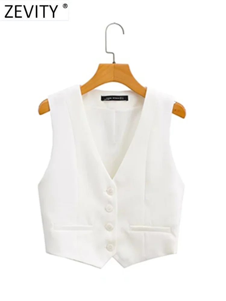 

Zevity Women Fashion V Neck Single Breasted Short Vest Office Lady Sleeveless Chic White Suit Business Slim Waistcoat Tops CT556