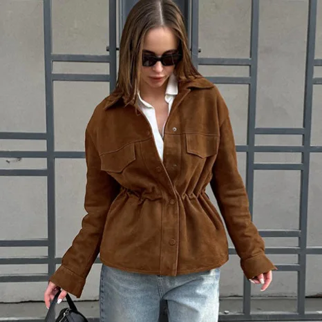 

Vintage Brown Autumn Women's Suede Jacket Lapel Collar Waist-cinching Snap Button Female Outwear Slim Fit Stylish Coat For Lady