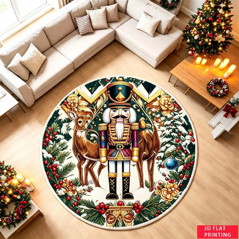 Christmas Nutcracker Soldier Reindeer Holly Wreath Round Carpet For Holiday Living Room With Festive Gold Green Border Carpet Ar