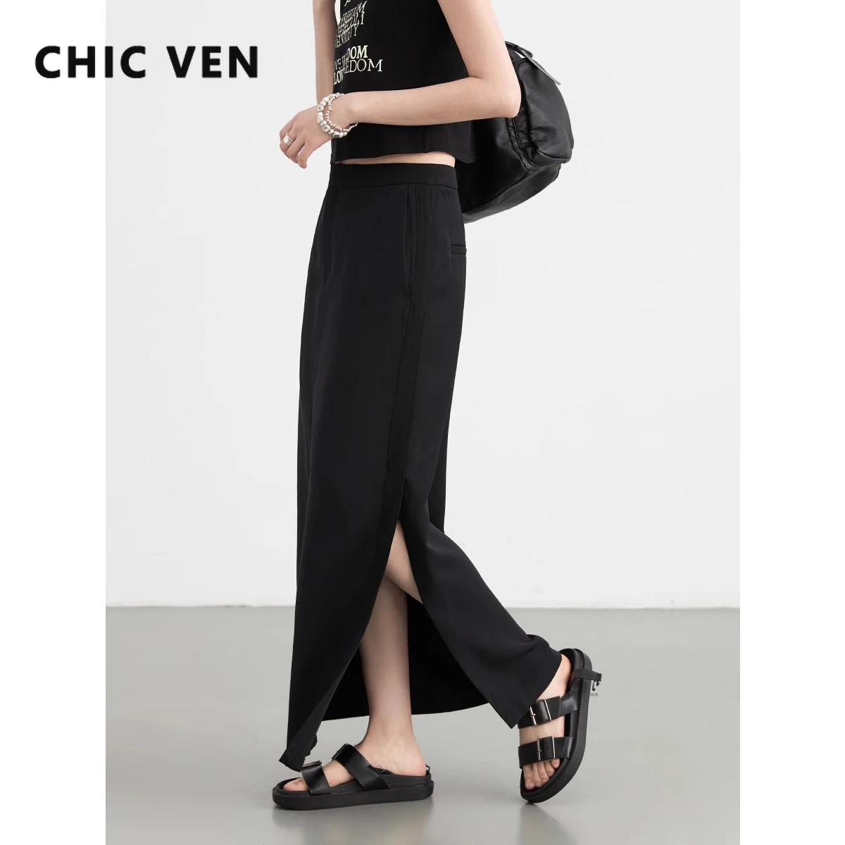 

CHIC VEN Women Skirt Black Solid New Classic High Waist Split Straight H Shape Female Suit Wrapped Hip Long Skirts Summer 2024