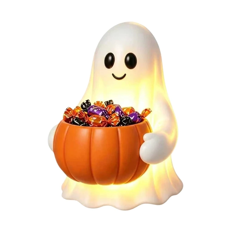 KX4B 14 Inch Resin Wraiths Statue with Pumpkin Candy Bowl, Weather Resistant Halloween Figurine Freestanding Guest Visit Candy