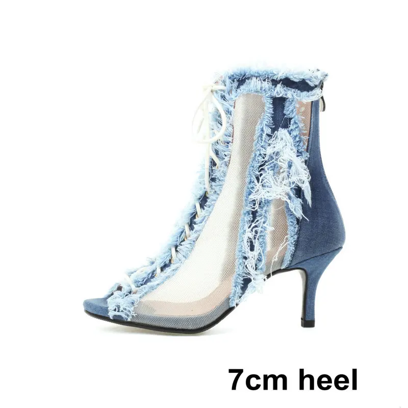 Brushed Fringes Denim Jeans Punk Gothic Lace-up Summer Women Boots Peep Toe Thin High Heels Blue Stiletto Boots Sandals Size 46