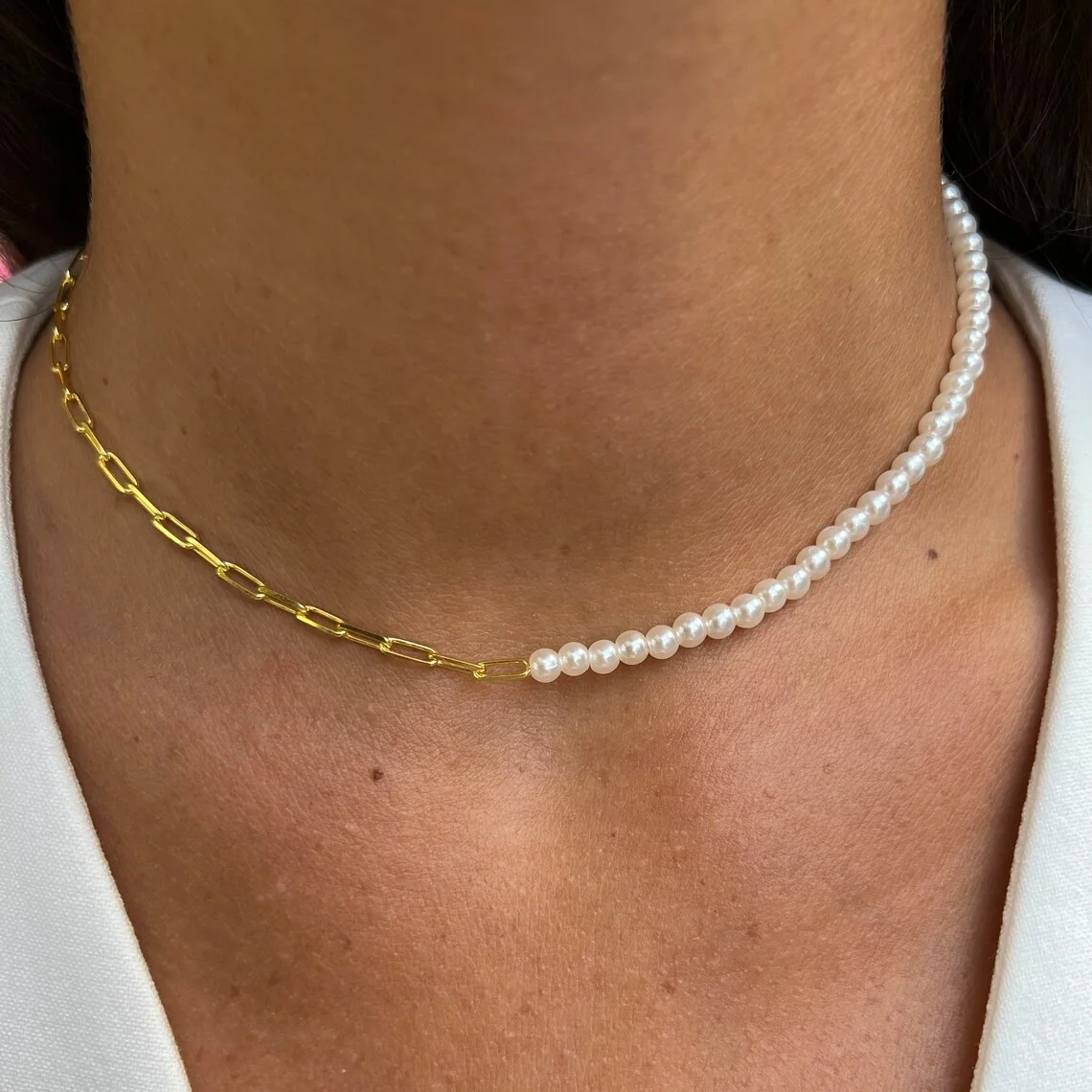 Unique Design New Fashion Women Jewelry Half Round White Pearl Bead Paper Clip Chain Choker Necklace