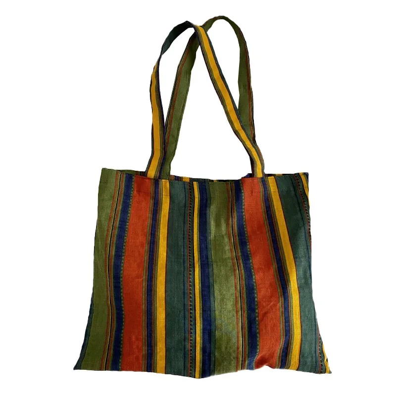 Borsa a tracolla a righe arcobaleno di colore Vintage borsa a mano Eco riutilizzabile capacità ragazza Shopping borsa di stoffa sottile donna Tote