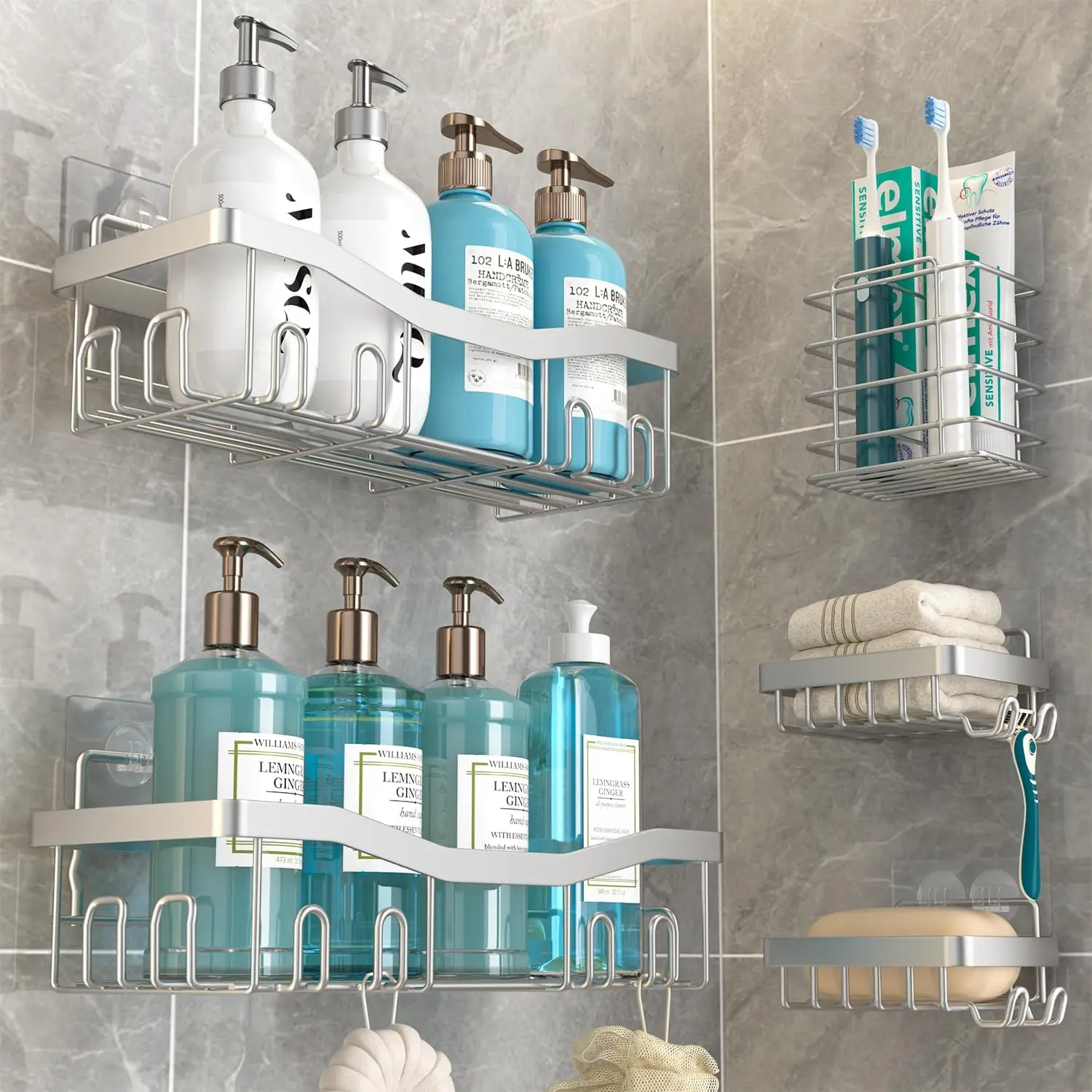 

5-Pack Rustproof Shower Caddy, No Drilling Bath Organizer with Soap & Toothbrush Holder in Silver