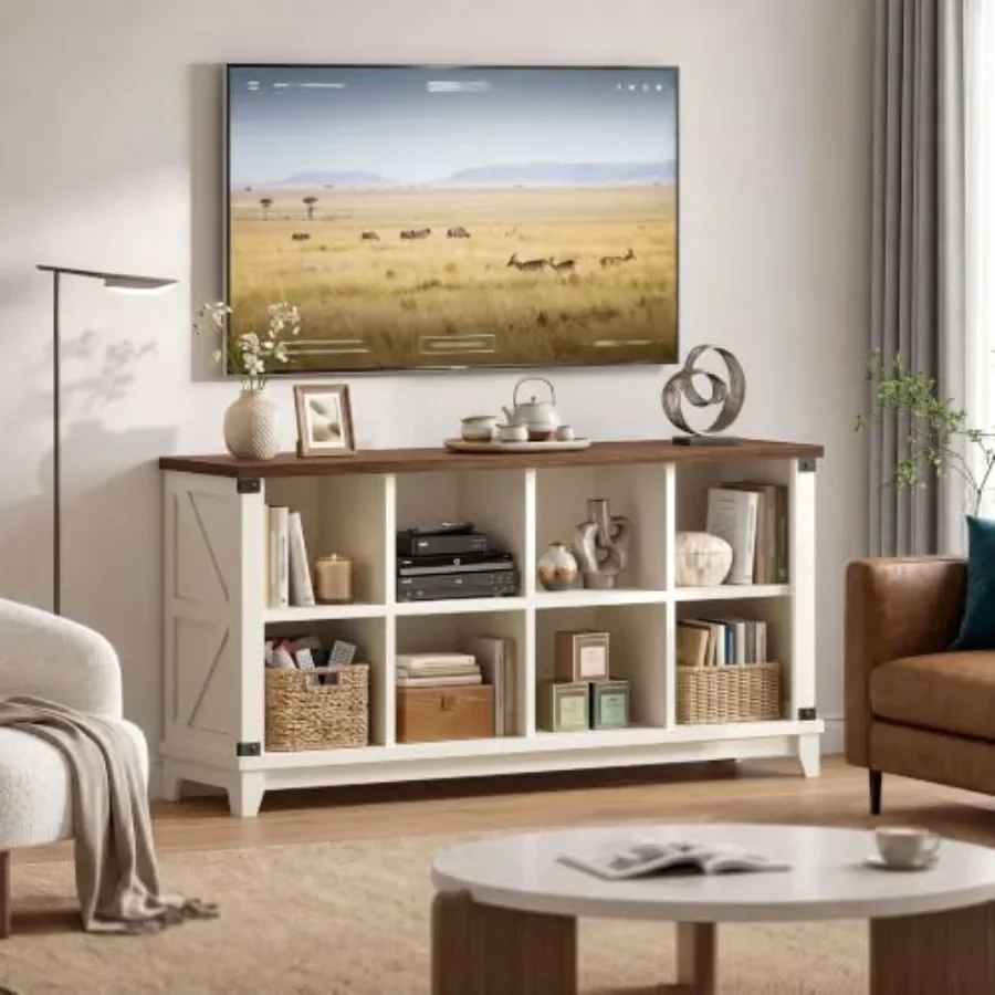 Farmhouse Storage Organizer for Living Room: Wooden, White, Rustic Charm with Ample Shelving and Hidden Compartments