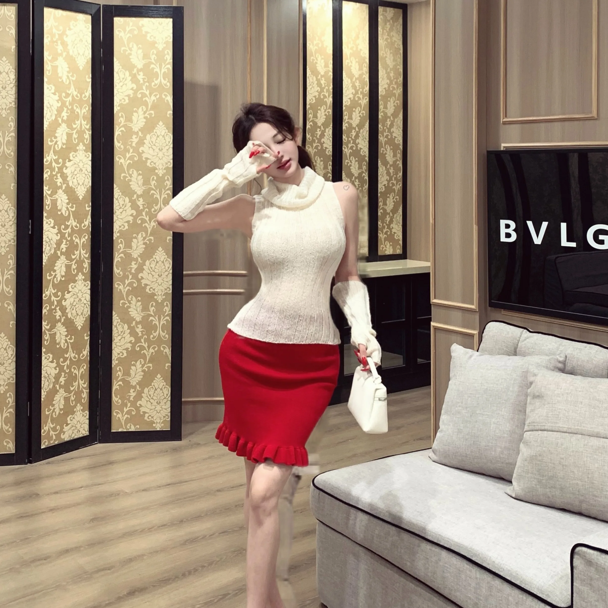 Модный вязаный повседневный красный топ с утягивающей талией и осенне-зимний комплект для женщин, свитер с высоким воротником