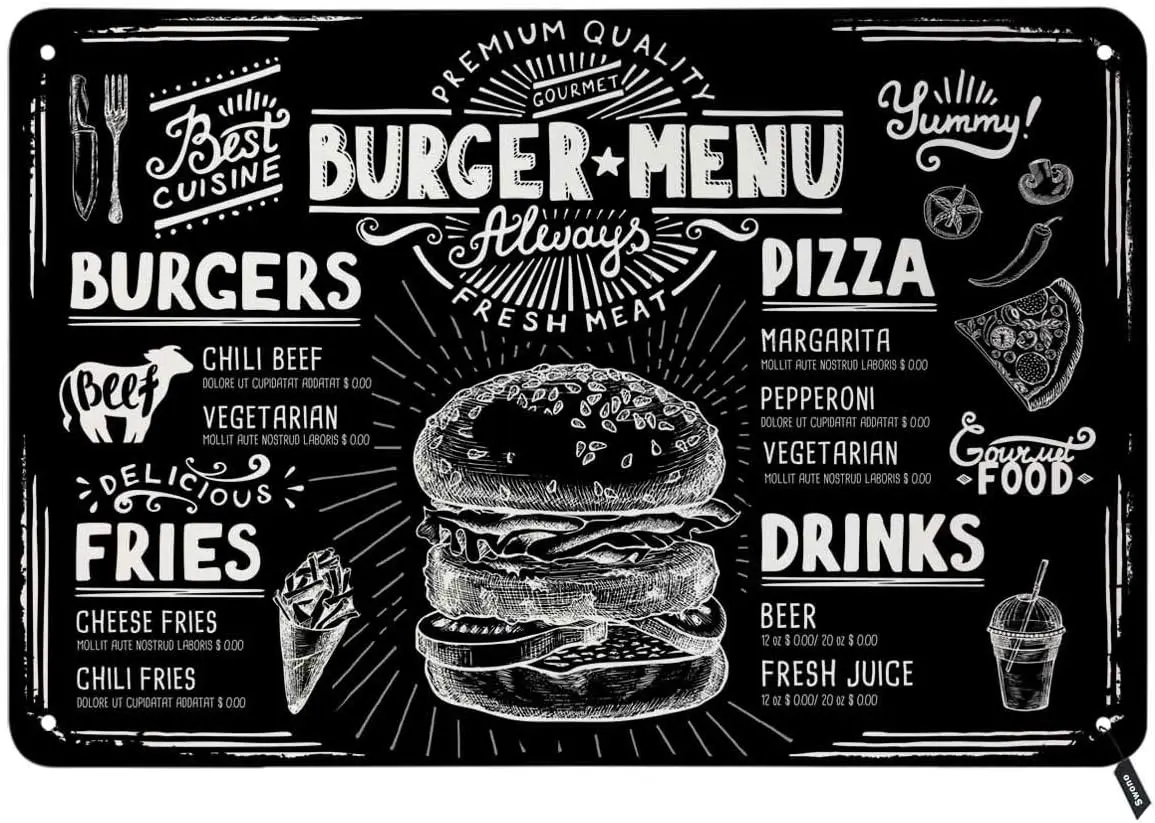 Swono Burger Menu Tin Signs,Pizza Fries Drinks Menu on Back Background Vintage Tin Sign For Men Women,Wall Decor for Bars,Restau