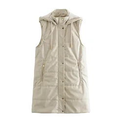 2025 Women's new hooded thickened warm imitation leather sleeveless zipper cotton suit vest PU vest cotton coat