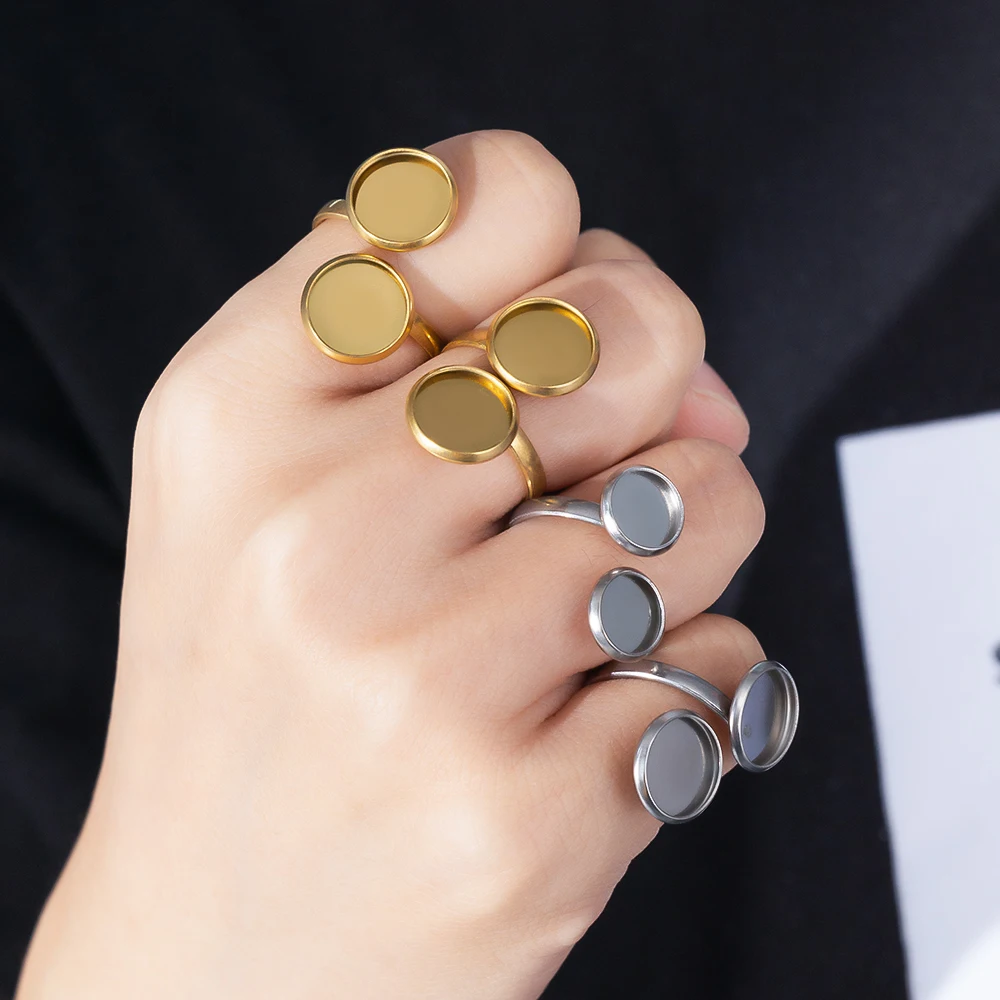 5pcs Stainless Steel Adjustable Open Double Ring Settings Blank Base Bezel Cabochons for DIY Jewelry Making Materials Wholesale image 3