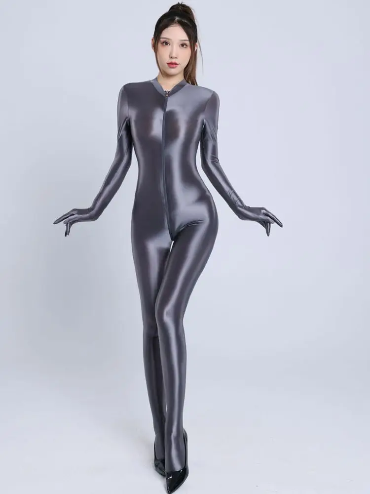 Glossy Shiny Pantyhose Separate Finger Bodystocking Double Zipper Open Crotch Bodysuit Tight Sexy Transparent Conjoined Jumpsuit