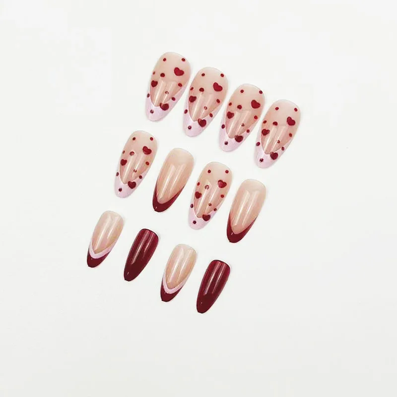 الأبيض الفرنسية الأظافر وهمية عارية اللون قصيرة مربع الصحافة على مسمار الأحمر الحب القلب/نجمة/نقطة مطبوعة النساء عيد الحب DIY بها بنفسك مانيكير