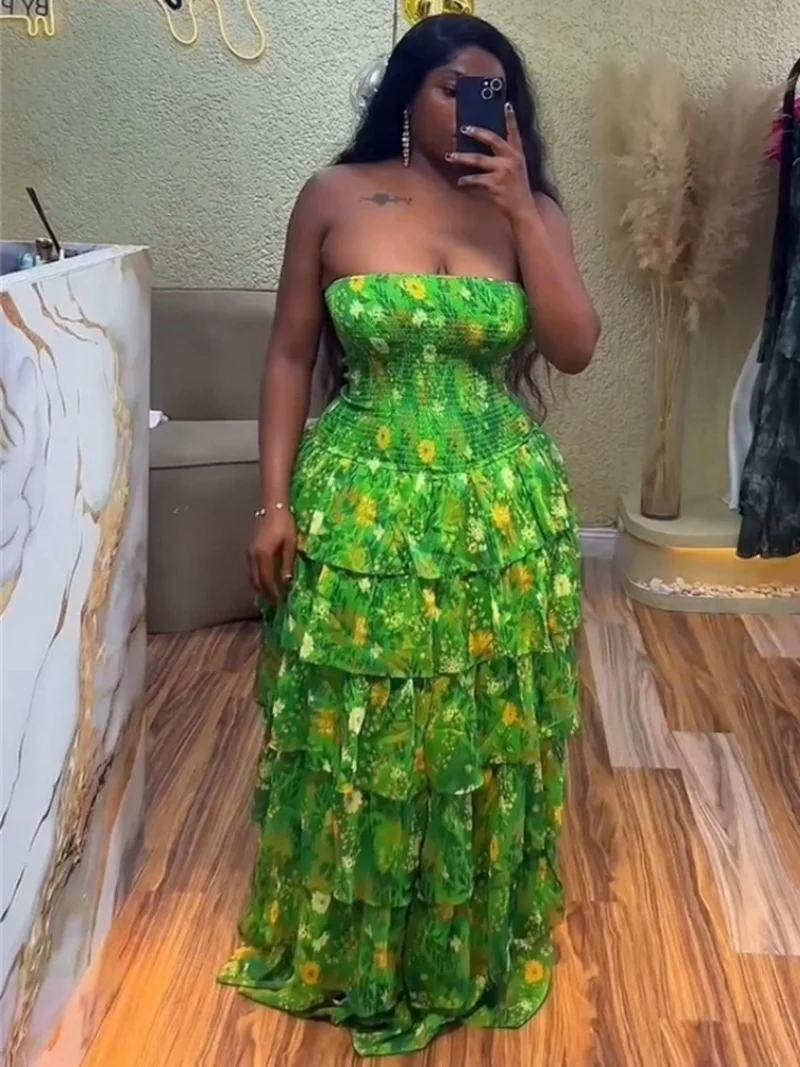 Moda floral impresso plissado em camadas vestido de verão roupas femininas sem alças vestido de baile maxi vestidos longos festa de aniversário vestido sexy