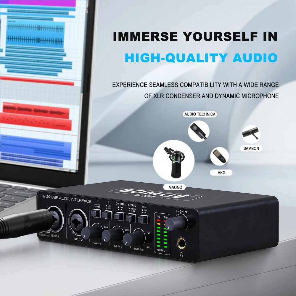 BOMGE USB 2x2 Guitar Audio Interface for PC Computer Recording Music for Mac 32Bit/192kHz Podcasting Streaming for Vocalist