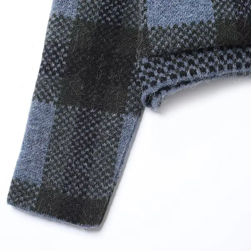 Women's Vintage Plaid Knitted Cardigan Female Loose Long-Sleeved Zipper Sweater Jacket  Autumn Winter Lady Street Knitwear