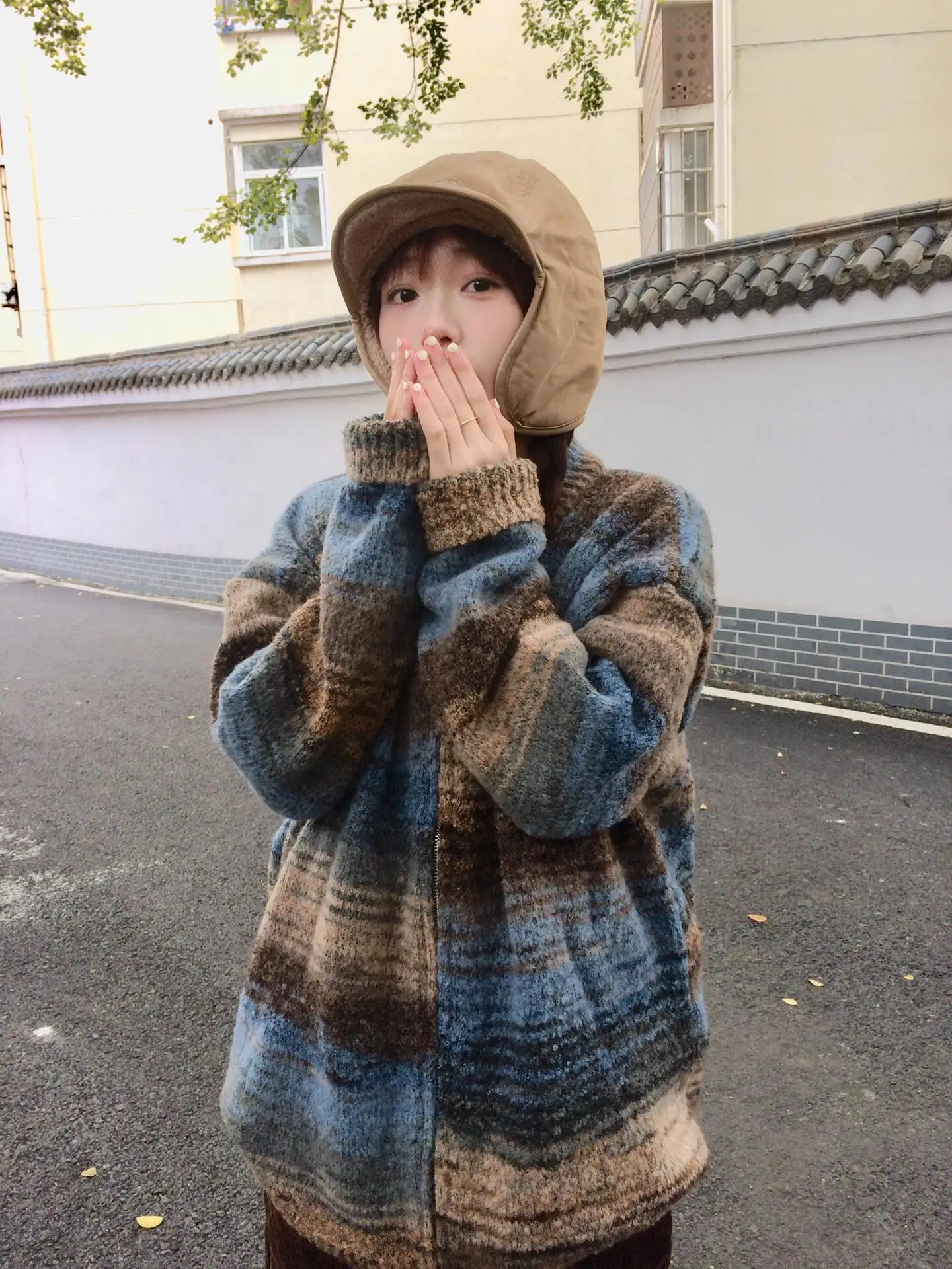 American Retro Zipper Knitted Sweater Coat Women's Autumn Winter New Sle Korean Lazy  Stripes Loose Cardigan