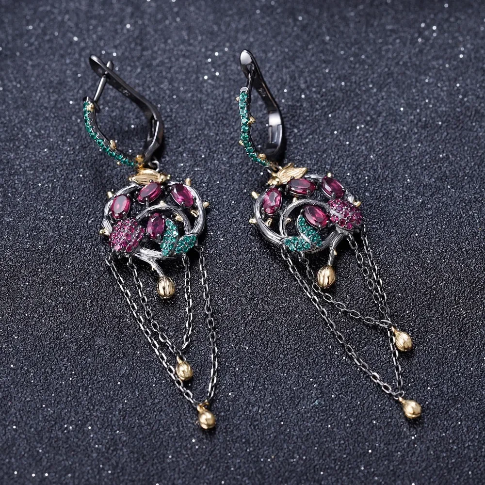 GEM'S BALLET Natural Rhodolite Garnet Tassel Earrings 925 Sterling Silver Handmade Gold Bee on Branch Drop Earrings for Women