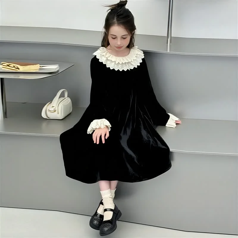 

Autumn Girls Princess Dress Corduroy Long Sleeve Black Teen Children Elegante Evening Dresses Lace Neck 10 12 Years Kids Clothes