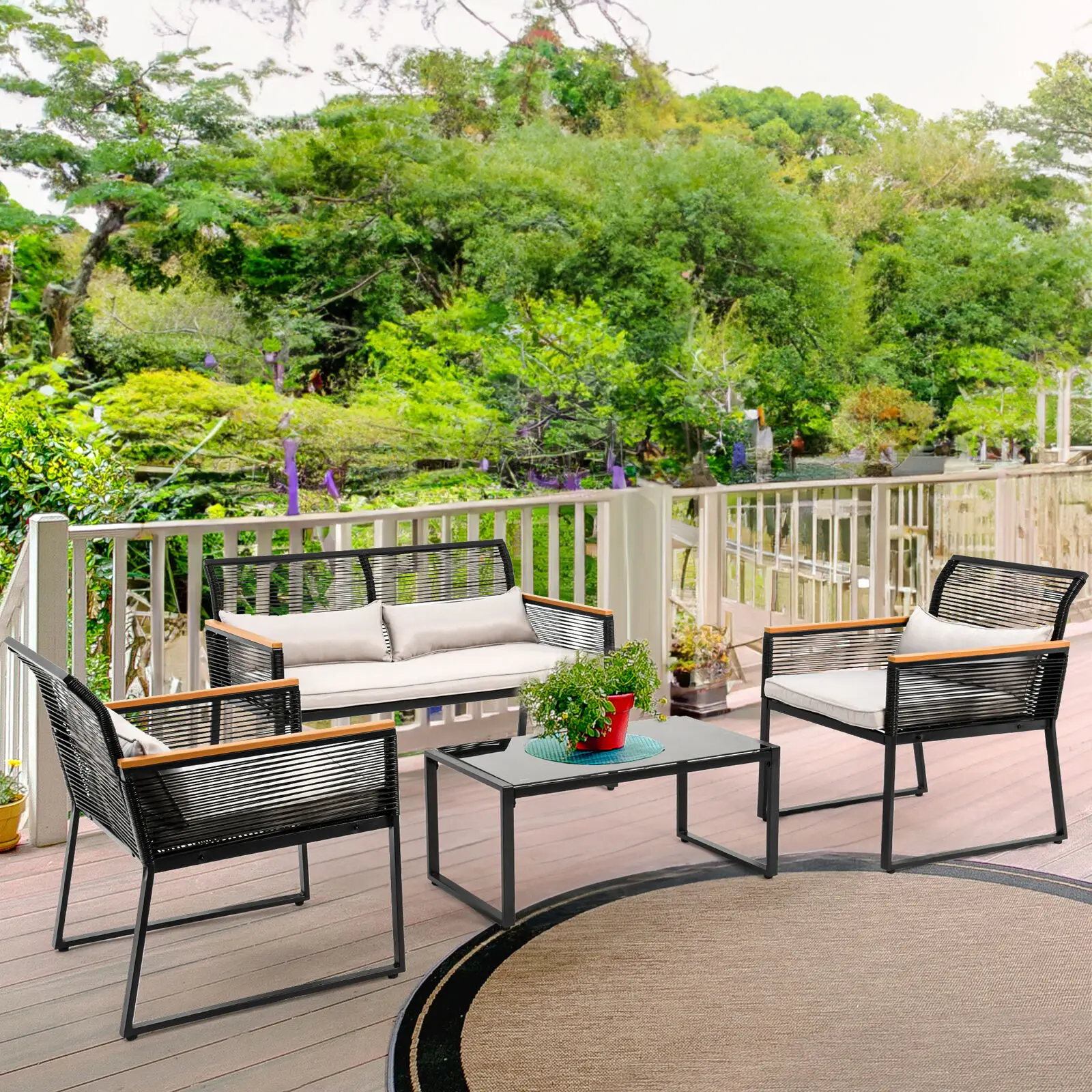 

4-Piece Patio Furniture Wicker Outdoor Bistro Set Rattan Conversation Loveseat