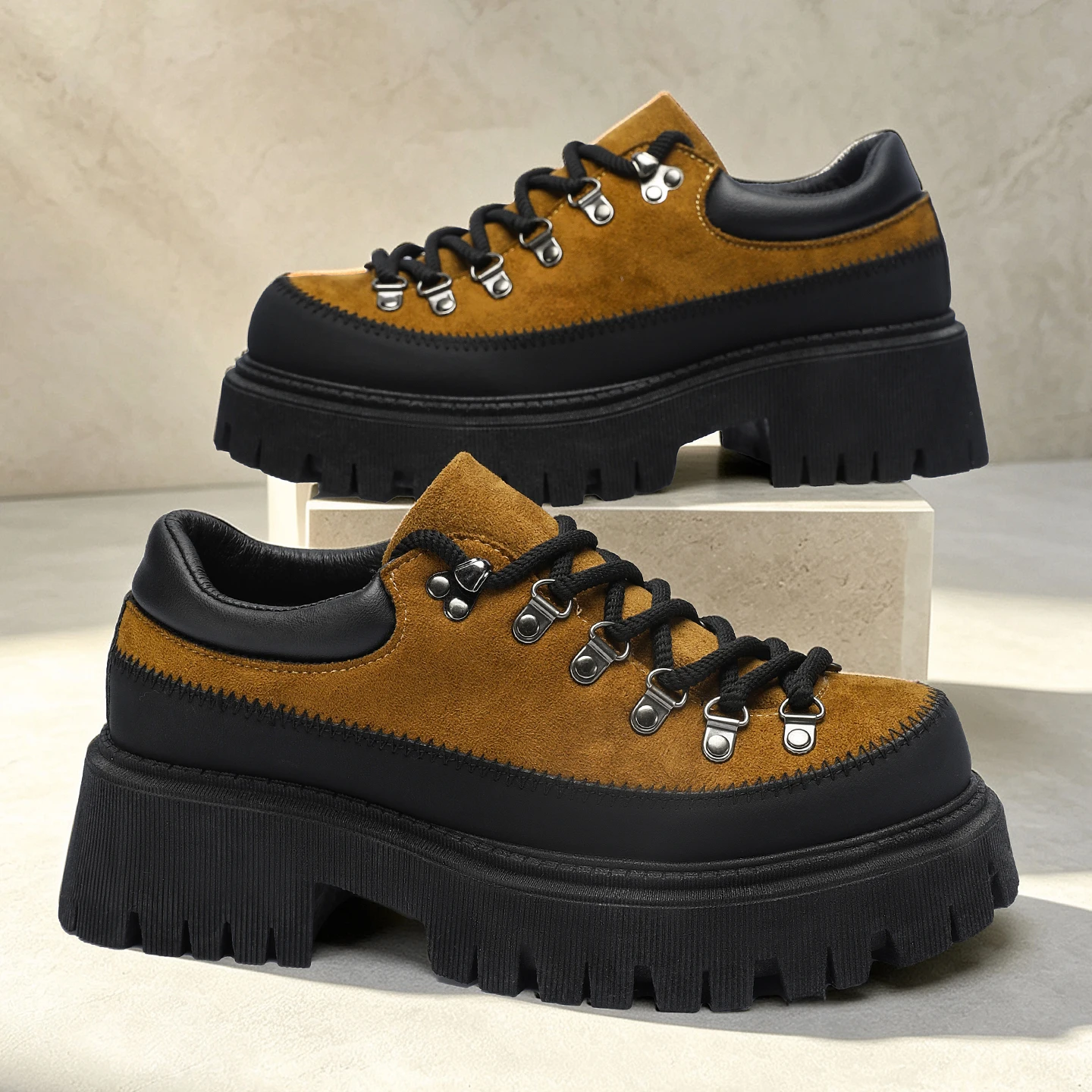 Autumn New Men Retro Thick Sole Height Increasing Work Shoes, Non-slip Wear-resistant Outdoor Hiking Style Casual Derby Shoes