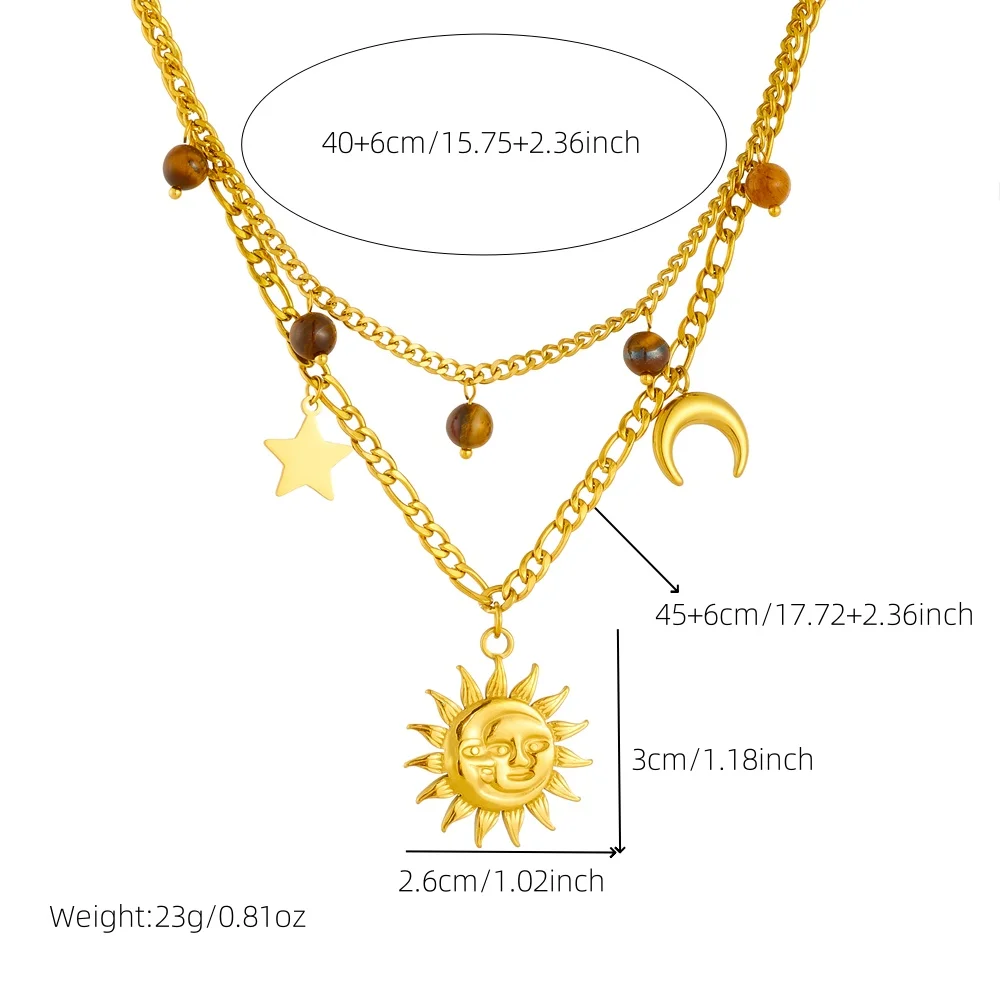 DIEYURO 316L Stainless Steel Golden Moon Star Sun Pendant Double-layer Necklace For Womens New Fashion Neck Chain Jewelry Gift