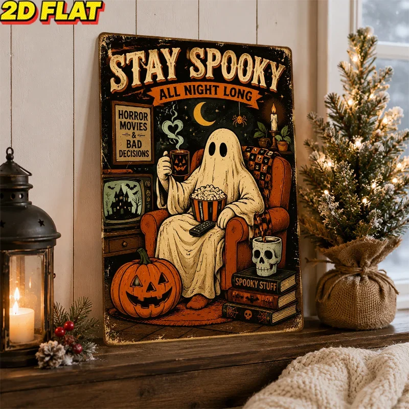 CIFBUY Retro Metal Sign Spooky Night Horror Movie Popcorn Aluminum Wall Art Waterproof Wear Resistant Decor