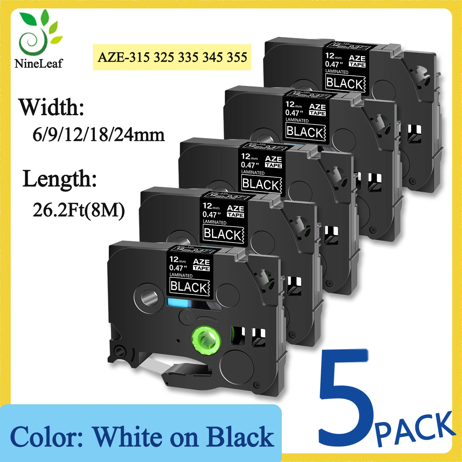 

5PK Label Tape Laminated Compatible Brother TZe-335 6/9/12/18/24mm White on Black Cartridge Cassette for P-Touch PT-1000 PT-1100