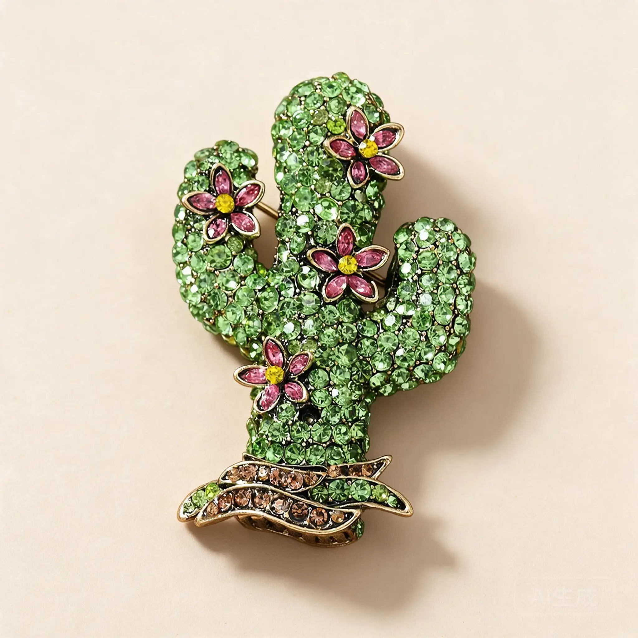 Vintage Sparkling Green Rhinestone Cactus Brooch With Pink Flowers Retro Style Pin For Coat Jacket Outerwear Daily Wear Jewelry