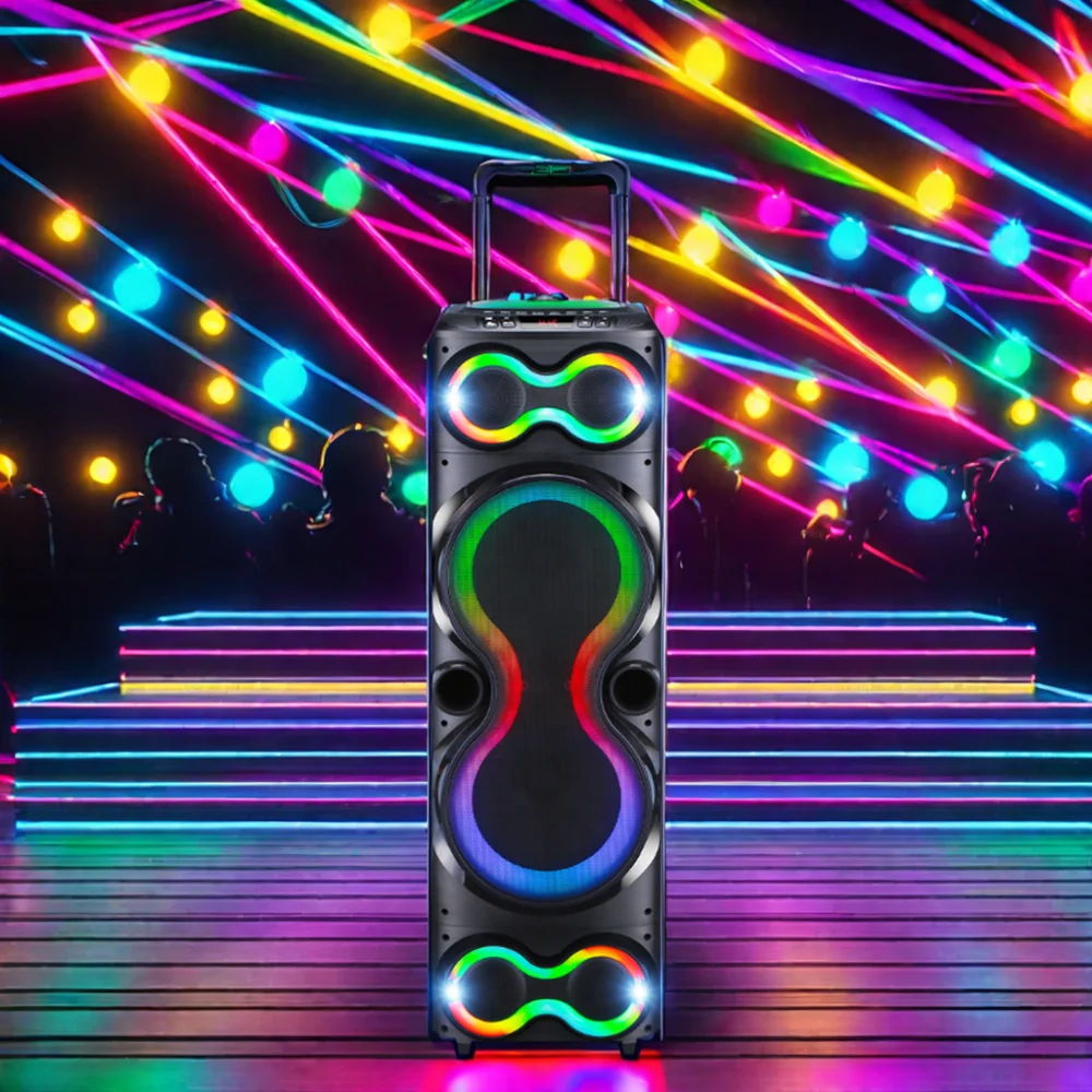 12 Inch*2 100W High Power Bluetooth Boombox with RGB LED Light Battery Subwoofer Remote Control Outdoor Mic