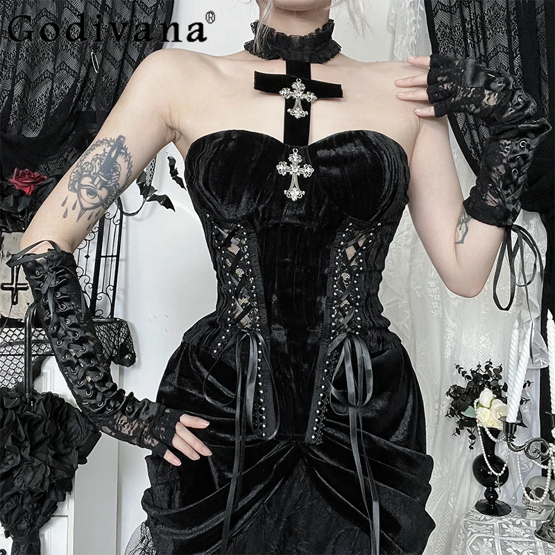 

Women's Banquet Gown Skirt Set Gothic Style Black Cosplay Costume Outfits Female Street Style Black Elegant Lolita Suits