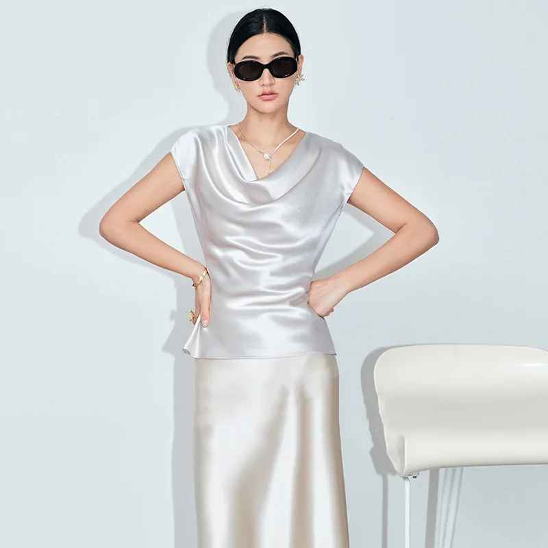 Shpmishal 2026 Luxury Heavyweight Acetate Satin Blouse Women Elegant Cowl Neck Silky Cami Sleeveless Tank Top Designer Outfit