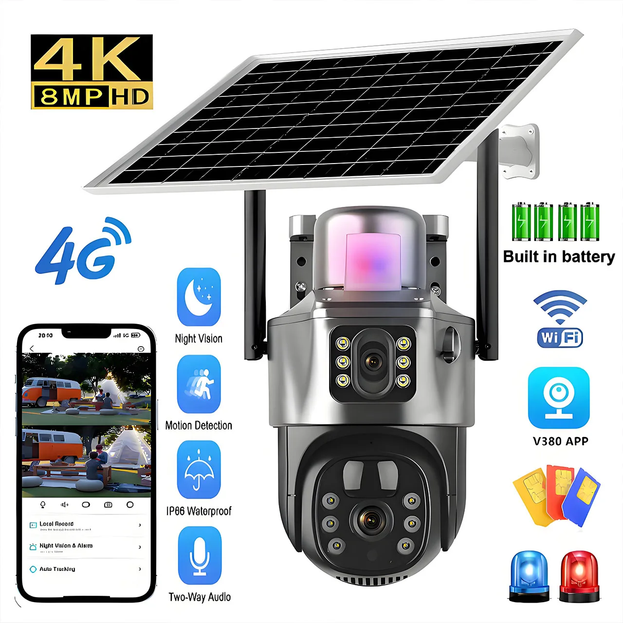 Caméra Solaire V380 4K 4G Sim 8MP, Objectif Touriste Sans Fil, permission WiFi, Détection Mobile PIR, Sécurité Extérieure Étanche