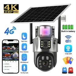 Câmera solar impermeável, lente dupla, monitoramento sem fio WiFi, detecção móvel PIR, segurança ao ar livre, 4K, 4G Sim, 8MP, V380