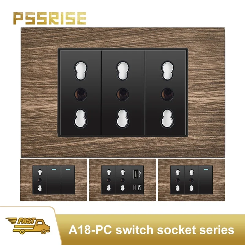 

PSSRISE Wood Grain Panels Black Italy socket USB TypeC 2.1A 20W Fast Charging Wall Socket Light Switch Socket Schuko TV Computer
