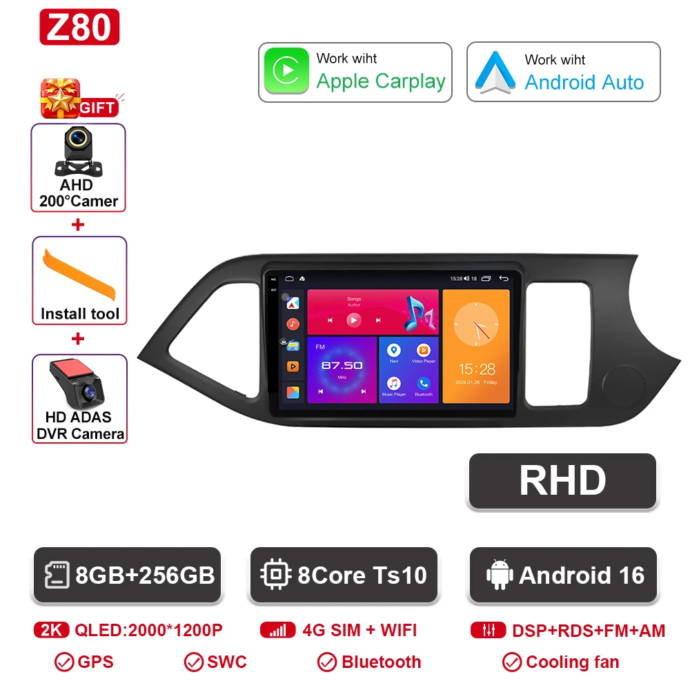 Android 16 Voor KIA PICANTO Ochtend 2011 2012 2013 2014 2015 2016 Carplay Auto Multimedia Autoradio Navigatie Speler WIFI + 4G DSP