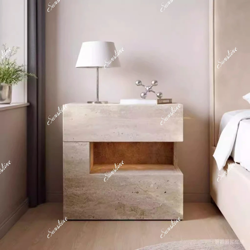 

Travertine Italian minimalist bedside table modern minimalist light luxury high-end bedroom bedside locker