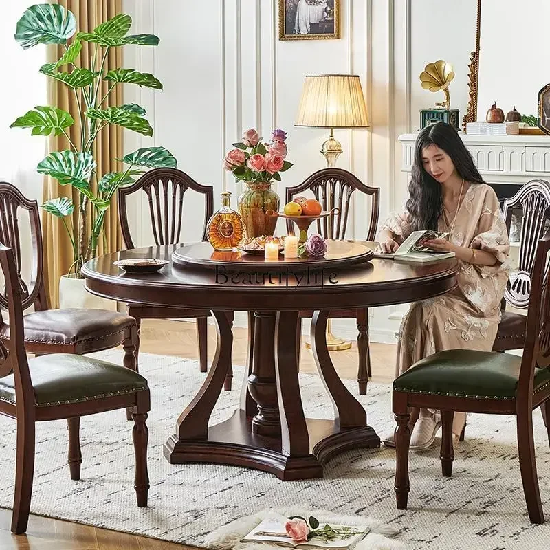08 American solid wood round table retro style 1.5 meters round dining table