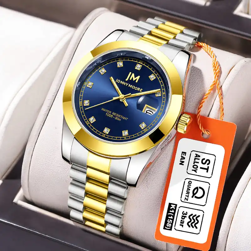 جوني مور K1039 ساعة كوارتز عصرية فاخرة بشريط فولاذي مرصعة بالألماس مقاومة للماء بتقويم ماسي للرجال Mujer