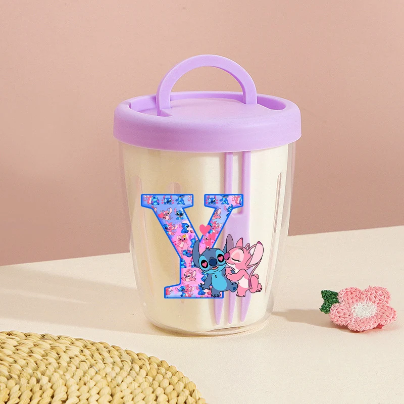 

Disney Stitch Fruit Cups Women Kawaii Letter A-Z Food Container Girls School Breakfast Afternoon Tea Bottle Kids Picnic Mug Gift