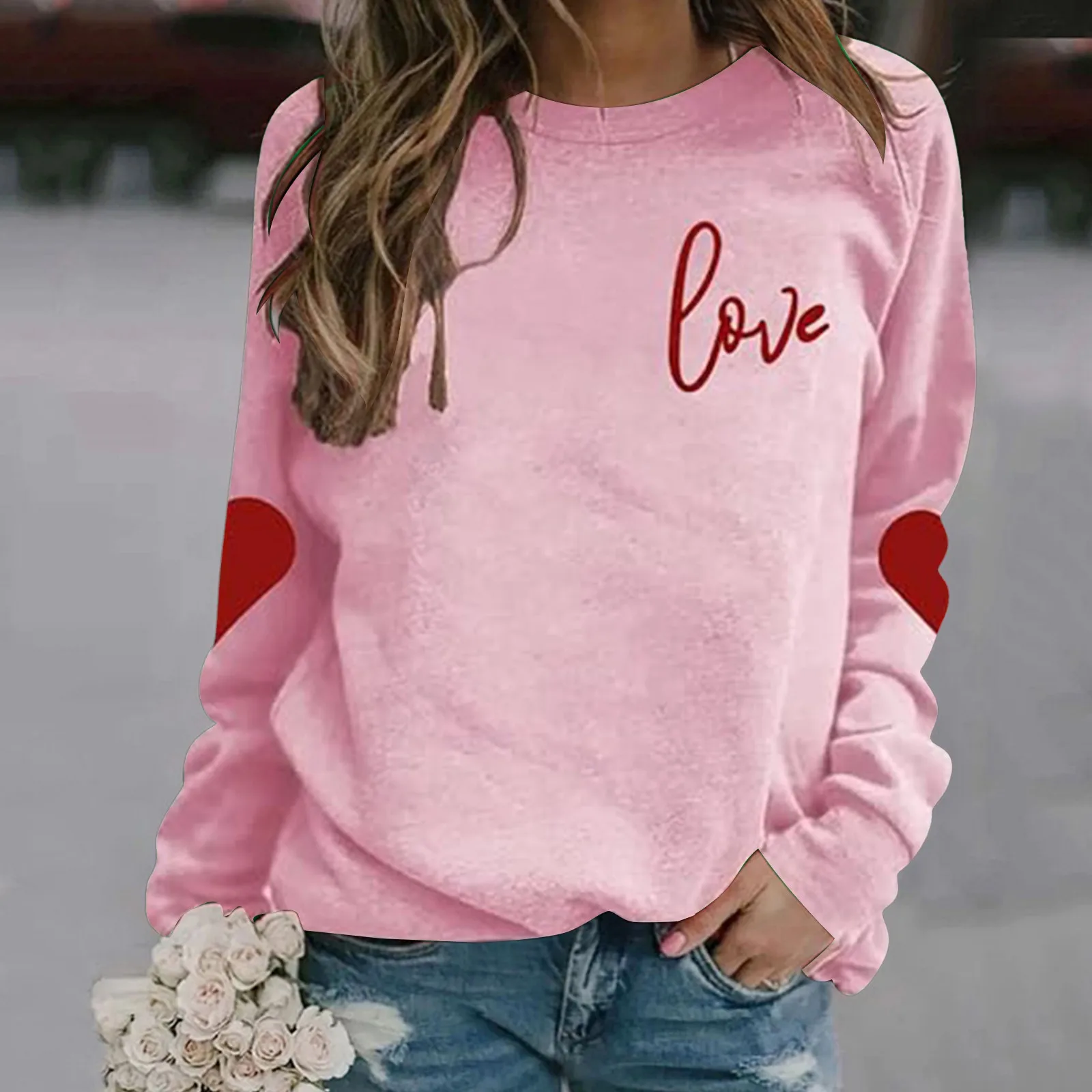 Women's Valentine's Day Sweatshirt Printed Round Neck Long Sleeve Casual Pullover Hoodie Sports Hip- Ethnic