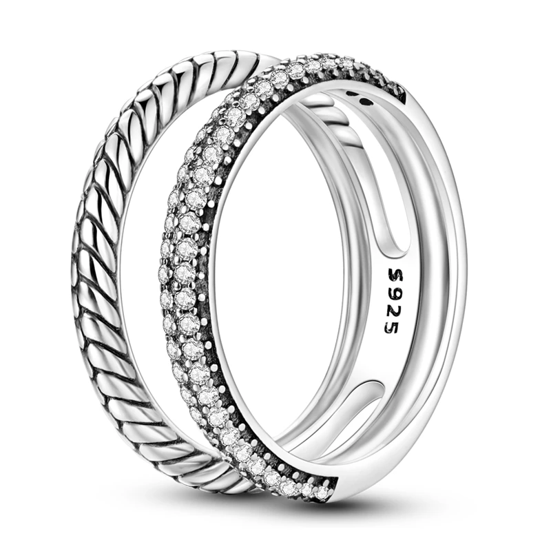 Original 925 Sterling Silver Double Row Pave Snake Ring For Women Girls Jewelry Birthday Anniversary Gifts