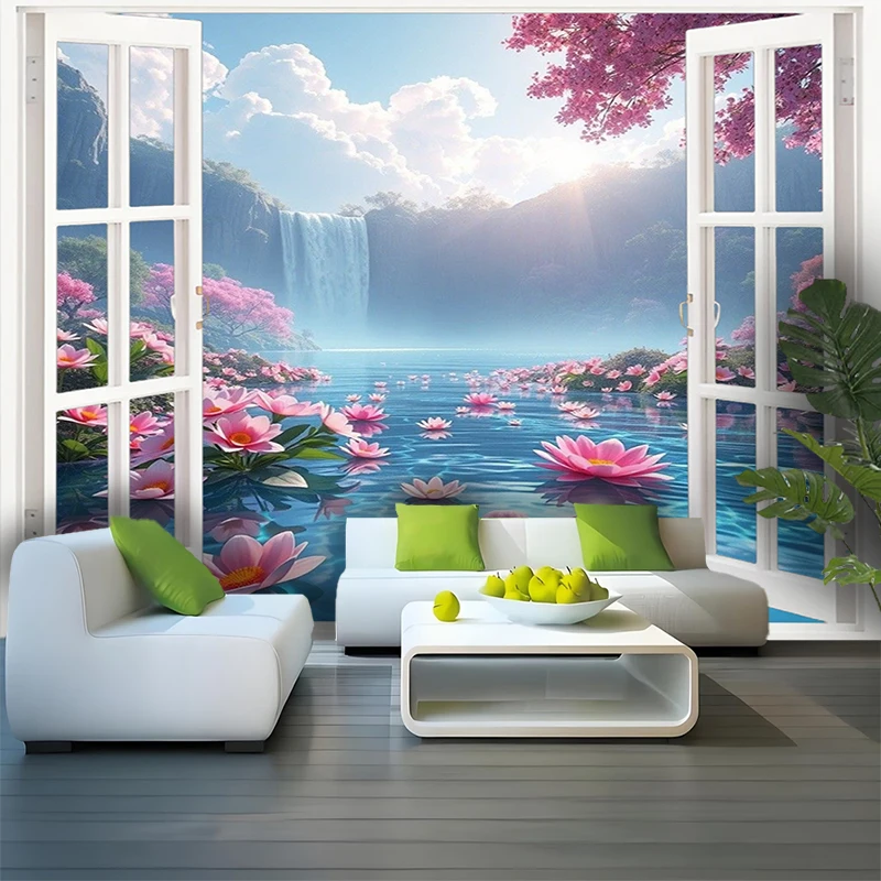 1PC Digital Print Tapestry Wall Hanging, Fake Window Lavender Field Provence Art, Nature Scenery 3D Window Wall Art Decor - view 2