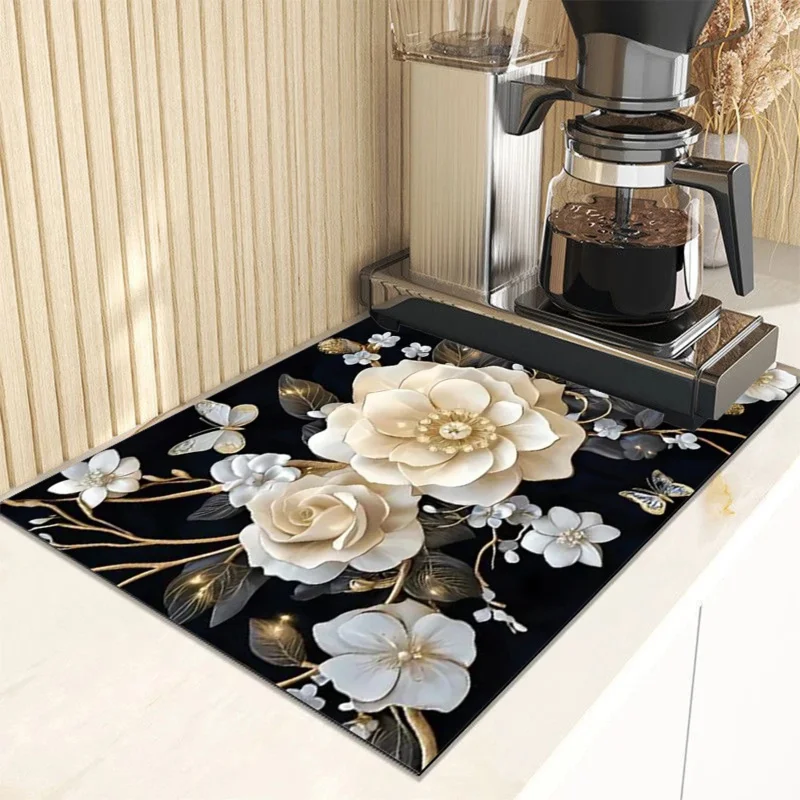 VIKAMA Luxury-Style Floral Coffee Machine Liner Dry Dish Liner Absorbent Quick-Drying Kitchen Drainage Pad Kitchen Accessories