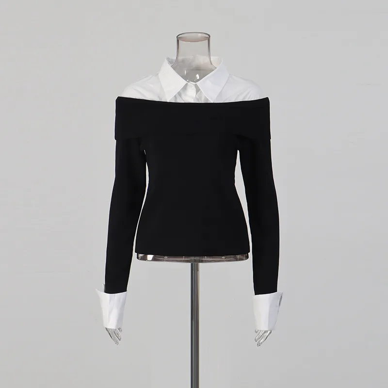 ZAMOR HIGH STREET Casual Faux Two-Piece Top 2026 New Shirt Splicing Knitwear Color Block Long Sleeve Slim Fit Knitted Sweater Wo