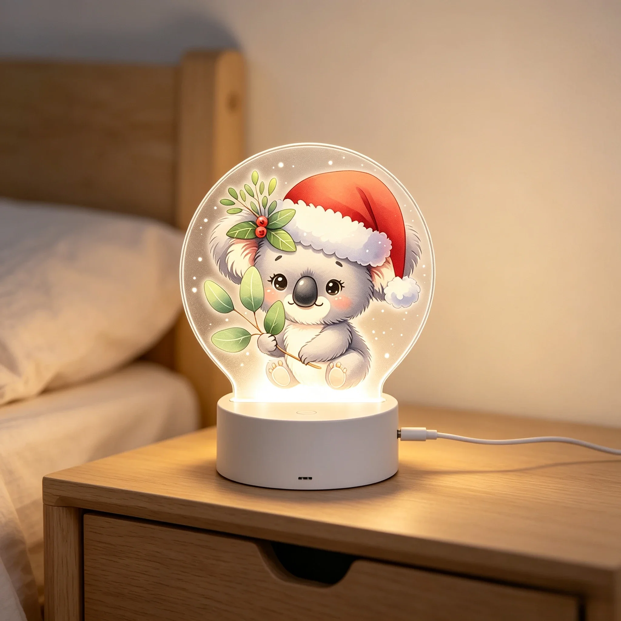 Xmas Animal Cartoon Pattern Acrylic Illusion Lamp Christmas Gift Light,Christmas Hat Koala Acrylic 3D Night Light Holiday Bedroom Decor Lamp
