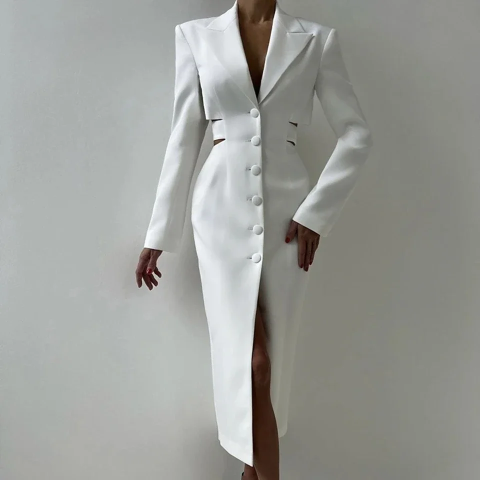 

High Street Hollow Out Tunic Dresses for Women Notched Collar Long Sleeve High Waist Spliced Button Temperament Dress Female